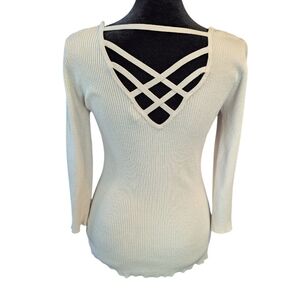 Le Chateau Ivory Ribbed Knit Top Statement Back Cutout